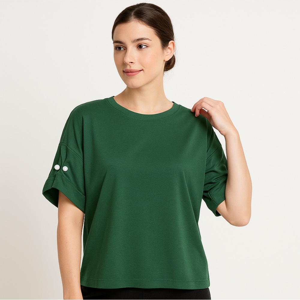 MISS VALLEY boxy tee solid green color with pearl detail on sleeves size XS